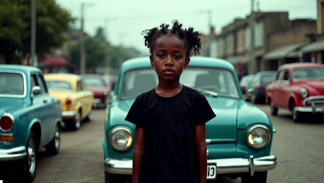 Young Girl Standing in Front of Cars on Urban Street