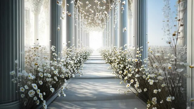 Serene walkway lined with blooming flowers and majestic columns in bright sunlight