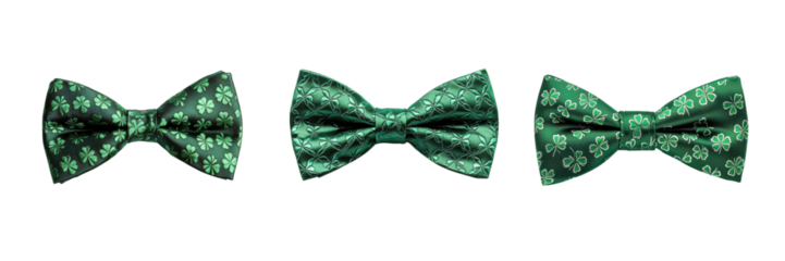 A Set of Stylish St. Patrick’s Day Bow Ties with Green Shamrocks Isolated on Transparent Background