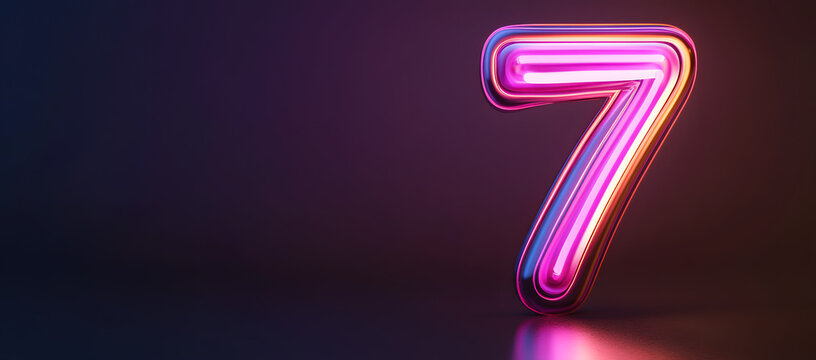 the number "7", glowing in neon purple and pink, against a dark background