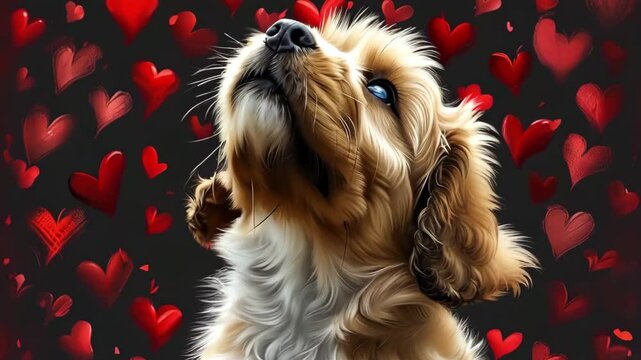 Cute Domestic Dog on a Background of Red Hearts