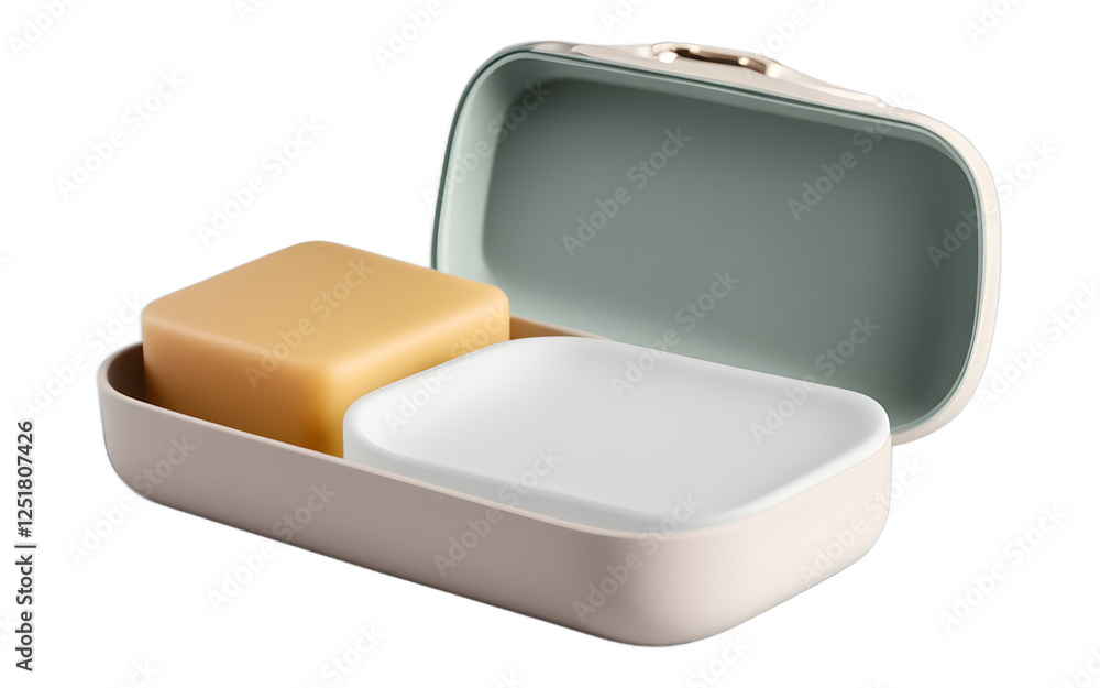 Poster A compact portable travel soap case with a secure lid on a white empty plain background