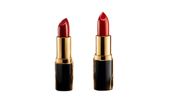 A luxurious gold-cased lipstick with a red shade on a white empty plain background