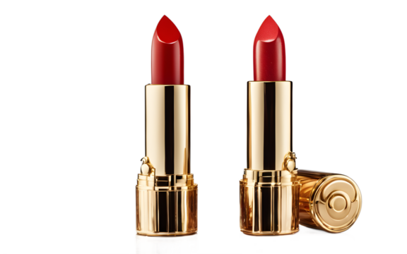 A luxurious gold-cased lipstick with a red shade on a white empty plain background