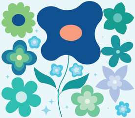 70s retro flower clipart elements. Flower plant hand drawn Design Graphic Art, Spring Card, Summer Invitation.