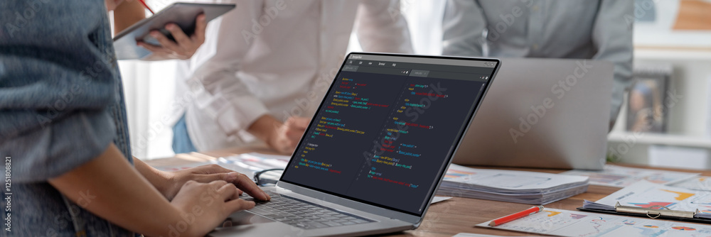 Aufkleber Software development programming on computer screen for brisk application and program coding