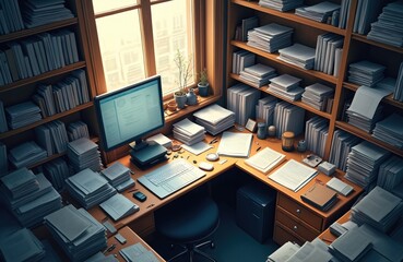 Illustration of cluttered desk full of papers, books, office equipment, monitors, pc computer. Messy workplace, creative workspace. Learning, education concept. Storage on shelves. Chaos, lack of