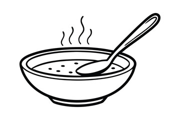 Line art drawing of a steaming bowl of soup with a spoon vector illustration.eps