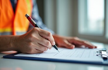 Close-up of worker writing on clipboard wearing safety vest. Man in orange hi-viz vest fills checklist. Inspection, construction, paperwork, attention to detail, hazard prevention. Focus on