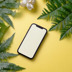 Black smartphone mockup surrounded by vibrant green fern leaves on a bright yellow background