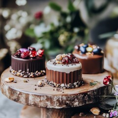 Decadent vegan sweets displayed on wooden stand, featuring chocolate desserts topped with nuts and berries, perfect for food trends
