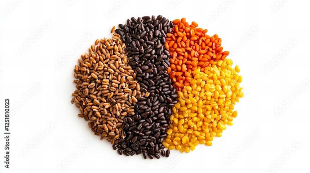 Poster a top-down view of four different types of seeds arranged in a circular pattern on a white backgroun