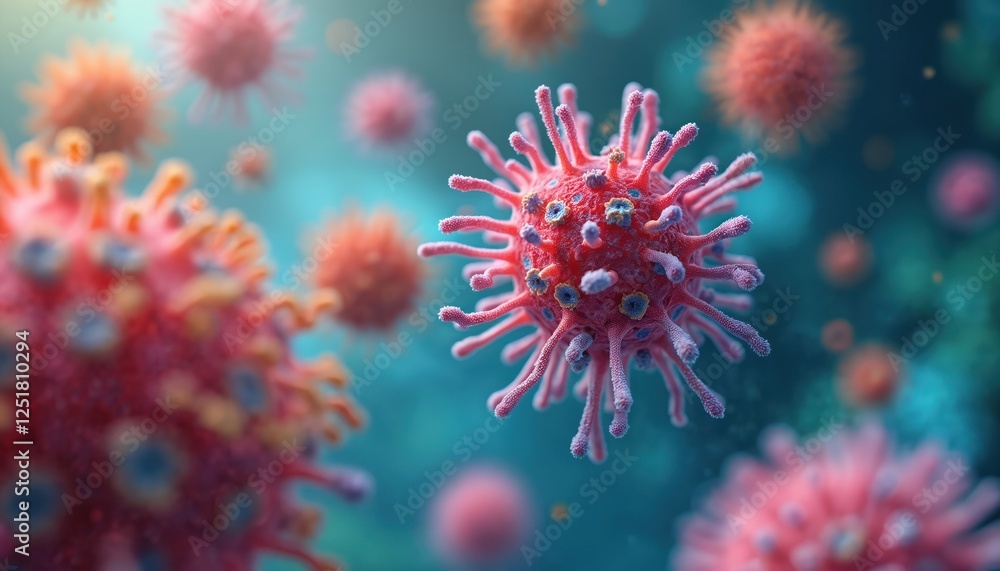 Aufkleber Illustration of colorful 3D models of viruses. Sharpened focus on dynamic cellular microbial interactions. Vibrant gut backdrop wellness, balance, prevention, immune response. Microscopic view of