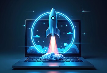Illustration of rocket launching from laptop with blue graphical elements across neon circle. Modern design concept for startup, tech, space program, software product development. Digital art,