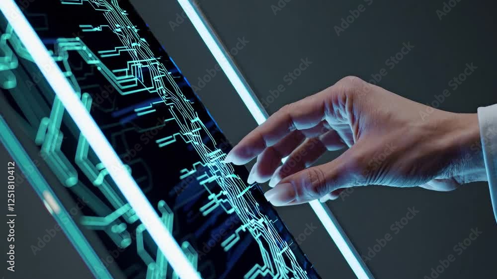 Poster hand touching digital screen displaying abstract circuit patterns