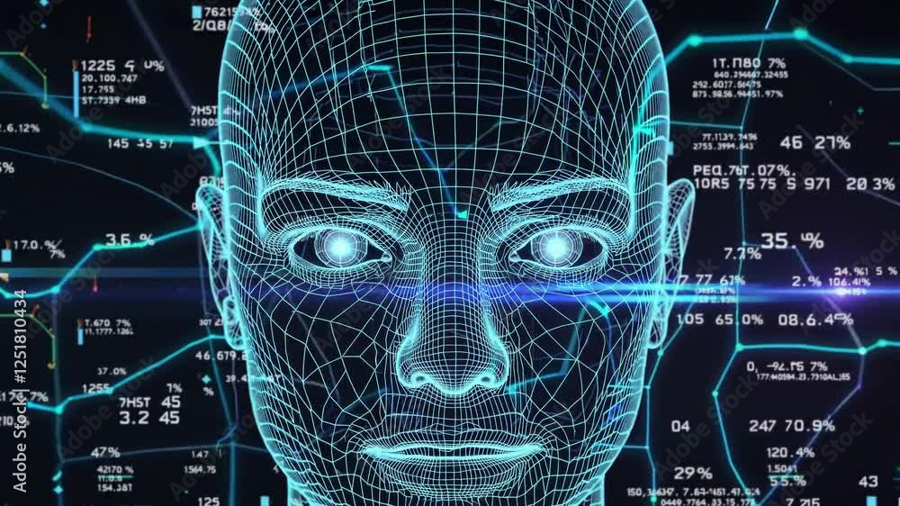 Poster futuristic human face with digital data visualization interface