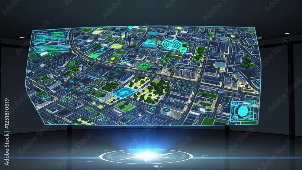Poster futuristic city map display in high-tech virtual environment