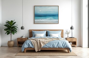 Modern nautical bedroom interior with wooden bed, abstract light blue sea landscape art. Bedchamber in coastal style features stylish furniture, cozy bedding, plant. Interior for apartment or house.