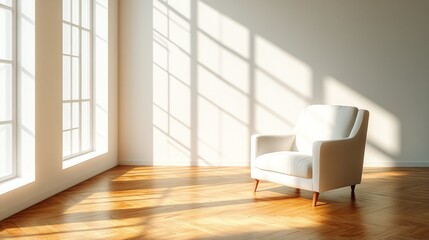 Fototapeta premium Sunny room, armchair, hardwood floor, window light, interior design