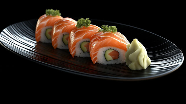Artistic Shot of Fresh Salmon Sushi Rolls with Wasab