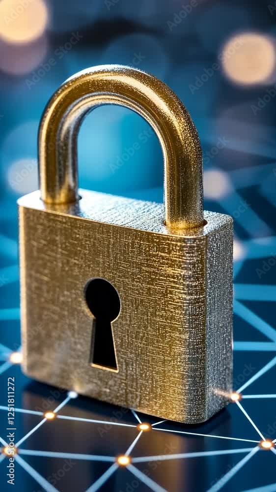 Poster secure metal padlock placed on a digital network background with glowing connections