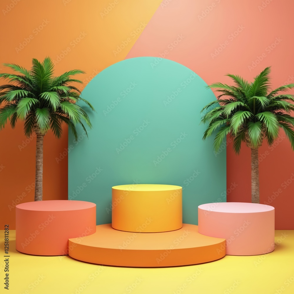 Poster three colorful podiums of different heights. summer theme background with palm trees. stage for prod