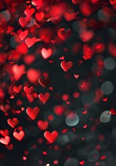 Red hearts falling on a dark background. Romantic and passionate image perfect for Valentine's Day or love-themed projects.