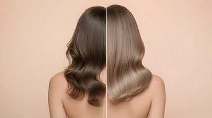 Before and after view of straightened brown hair on a beige background