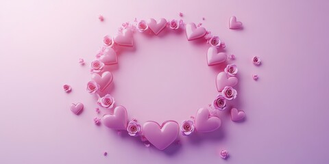 Obraz premium Heart-shaped ornaments intertwined with pink roses and floral elements in a circular arrangement on a soft gradient background, creating a romantic and festive atmosphere