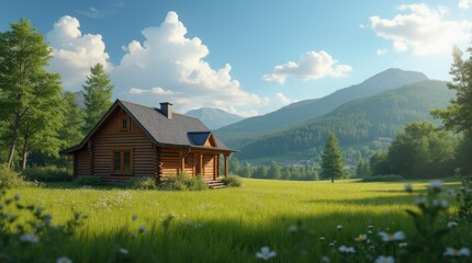 Cozy Wooden Cabin in a Lush Green Meadow Under a Clear Blue Sky 