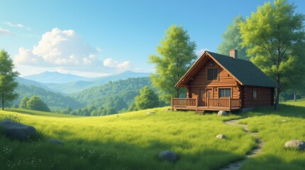 Cozy Wooden Cabin in a Lush Green Meadow Under a Clear Blue Sky 