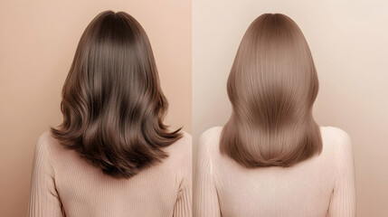 Before and after view of straightened brown hair on a beige background