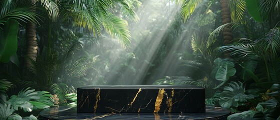 Luxury Stone Podium in Tropical Rainforest with Lush Greenery and Soft Mist. Copy space. Generative AI