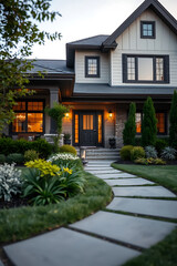Luxury Modern Home Exterior with Landscaped Garden at Night.  Beautiful contemporary architecture, showcasing elegant design and stunning curb appeal.