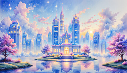 Naklejka premium Fantasy castle with colorful blooms reflecting in serene water, dreamscape