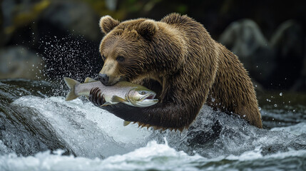 Obraz premium Majestic Brown Bear Catches Fresh Fish in a Pristine Stream