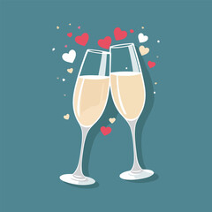 Valentine's Day flat design featuring two champagne glasses clinking, tiny floating hearts