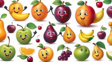 A cartoon fruit display with a variety of fruits including apples, oranges