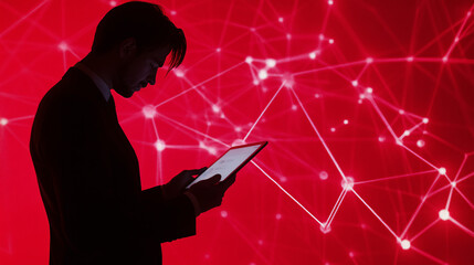 a businessman in a red cyber network environment using a tablet surrounded by glowing digital connections symbolizing data flow
