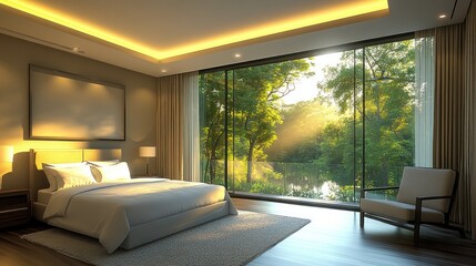 Sunrise Bedroom, Luxury Villa, Lake View, Interior Design, Peaceful Morning