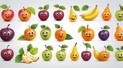 Fototapeta premium A row of cartoon fruits with smiling faces