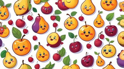 A cartoonish drawing of a bunch of fruits with smiling faces on them