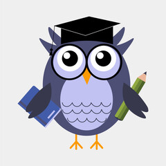 Cute education owl vector. Cartoon owl on grey background.