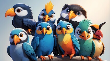 A group of colorful birds are sitting on a branch