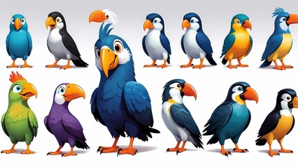 Obraz premium A collection of colorful birds with one of them wearing a hat