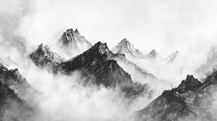 Majestic mountain peaks emerging from wispy clouds serene landscape black and white art artistic viewpoint nature concept