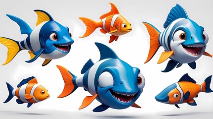Naklejka premium A group of cartoon fish with one of them having a shark fin