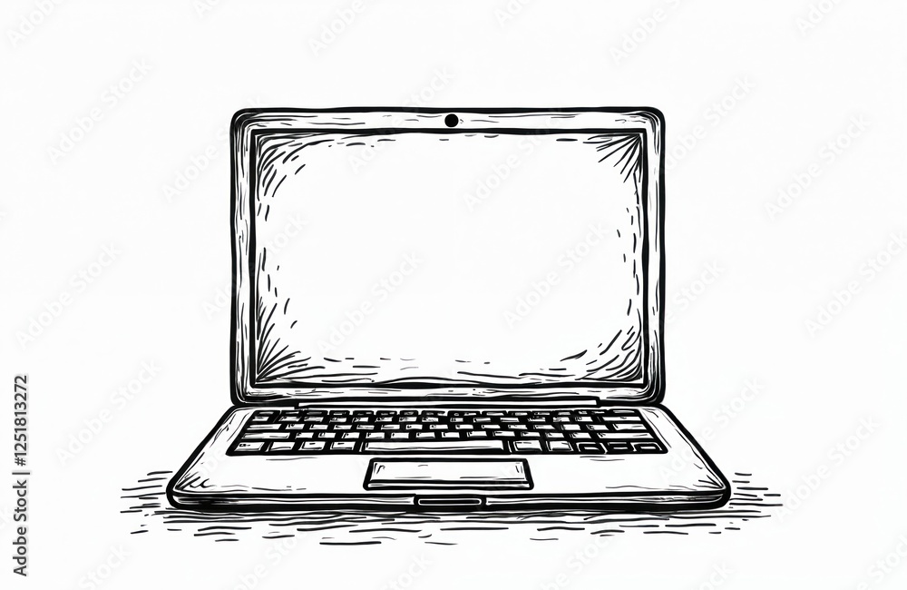 Leinwandbilder Hand drawn icon of laptop computer. Front view of notebook. Isolated modern display, keyboard. Cyberspace office device for business, education. Digital communication element on white background.