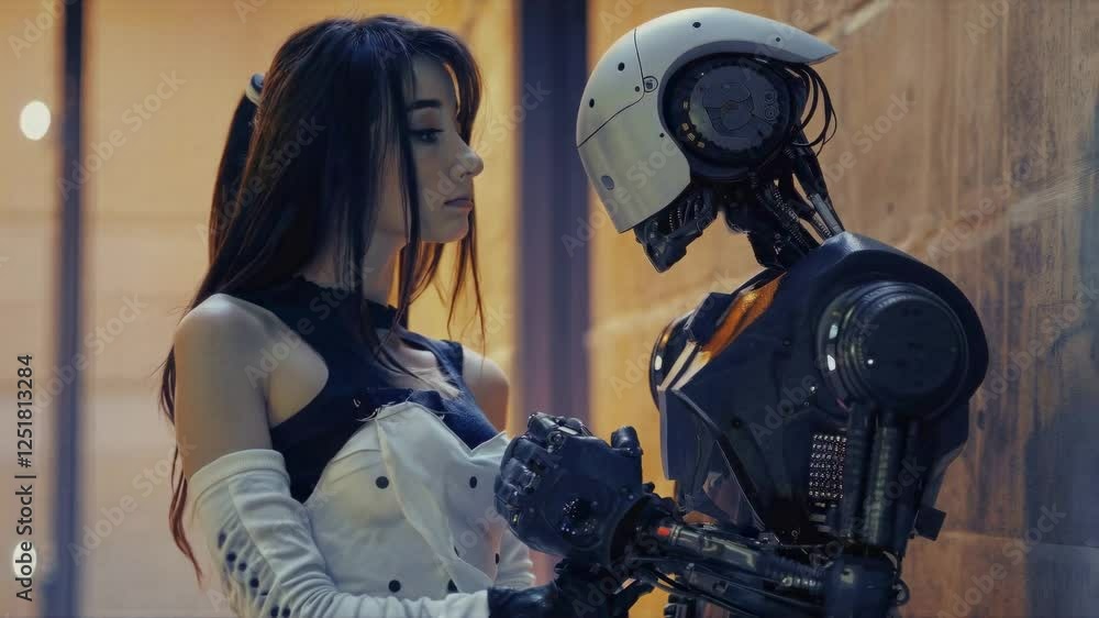 Poster technological encounter explores human-robot connection. intimate interaction reveals boundaries bet