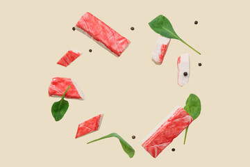 Frame made of cut tasty crab sticks with peppercorns and spinach leaves flying on green background © Pixel-Shot